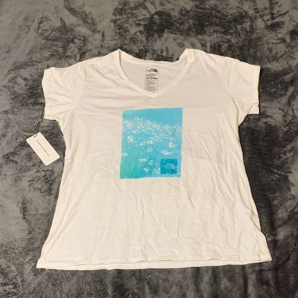 The North Face Women’s White V-Neck Tee with Aqua Graphic